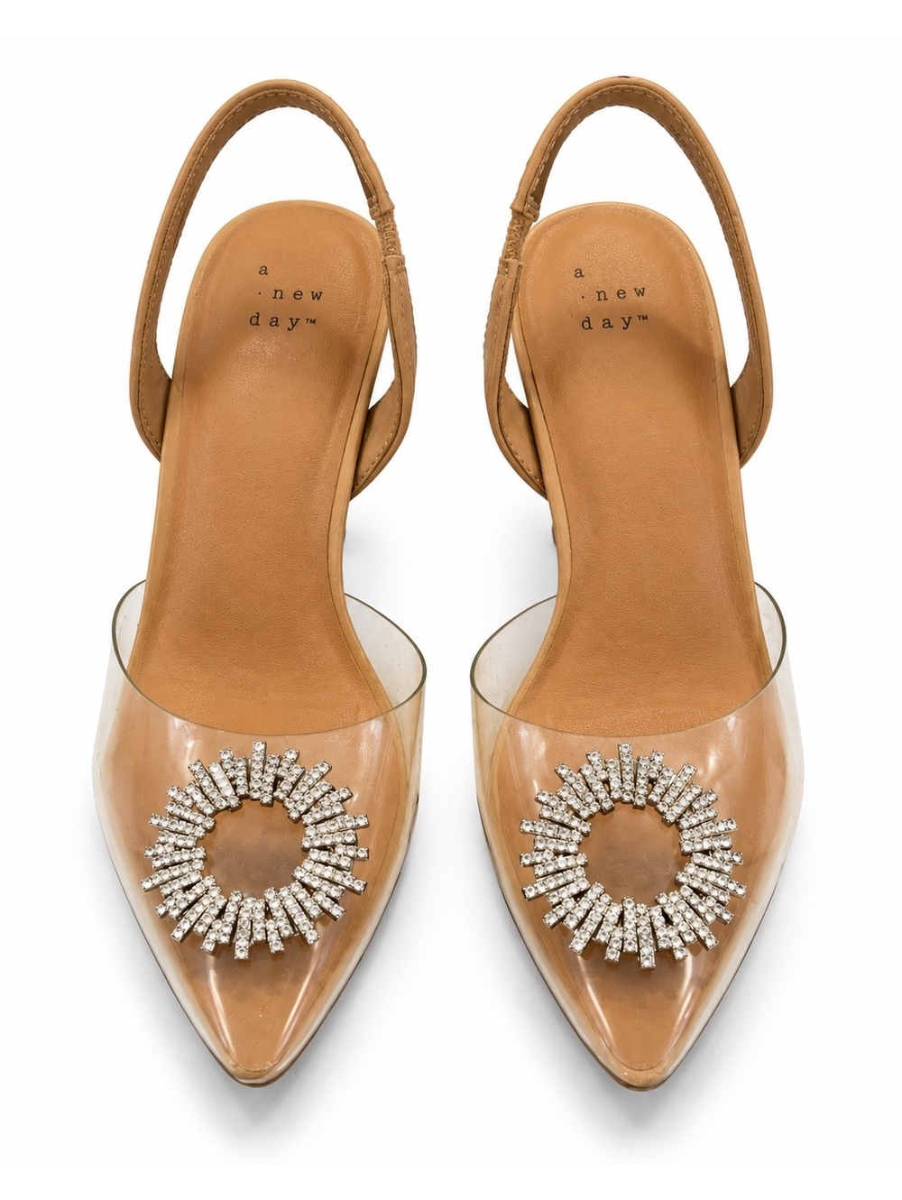 a new day Women's Clear Slingback Heels with Rhinestone Buckle - Size 9.5